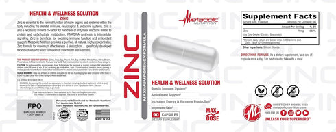 Zinc Supplement by Metabolic Nutrition, 75mg, 90 Zinc Capsules, Supports Immune System Function w/Zinc Oxide...