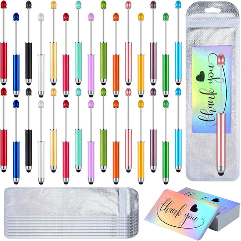 90 Pcs Beadable Pens Kit, Include 30 Pcs 2 in 1 Plastic Stylus Beadable Pens 30 Pcs Foil Thank You Cards with 30 Pcs Resealable Pen Packaging Bags...