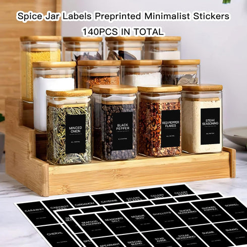 140PCS Spice Labels for Spice Jars, Black Minimalist Preprinted Spice Jar Labels,Waterproof Oil Resistant Label Stickers for Kitchen Pantry Season...