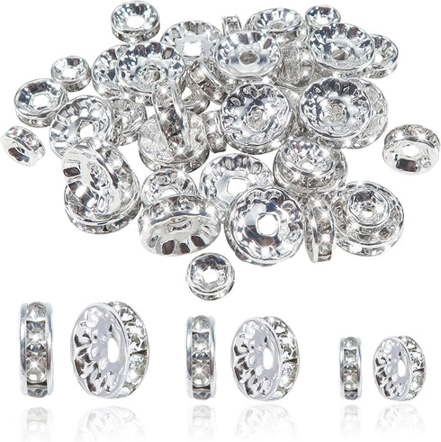 TOAOB 200pcs Rondelle Spacer Beads 6mm 8mm 10mm Round Crystal Czech Loose Spacer Beads Silver Rhinestone Charms Beads with Elastic String for DIY ...