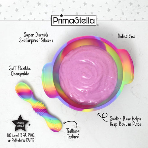 Unbreakable Silicone Non-Slip Bowl and Chew Spoon Set for Babies and Toddlers (Rainbow Swirl)...