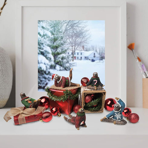 Yoga Sloth Figurines in Ugly Christmas Sweaters 3" - Polyresin Mini Statue for X-mas Home Decoration, Secret Santa White Elephant Gift Exchange...