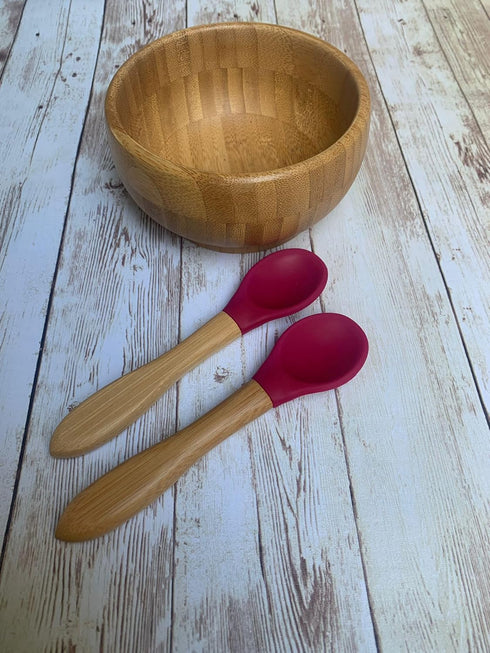 Babynow Bamboo Baby Spoons Self-Feeding Supplies for 6+ Months Babies & Toddlers in Bamboo & Soft Tip Designs BURGUNDY Pack of 2...