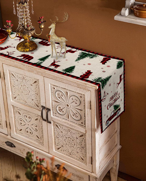 Christmas Truck Cotten Linen Table Runners 90 Inches Long, Red Buffalo Plaid, Non-Slip Burlap Table Cloth Runner for Home/Dining/Wedding/Party/Hol...