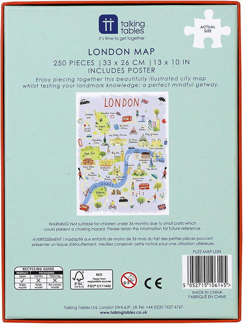 Talking Tables 250-piece Map of London Jigsaw Puzzle & Poster | Illustrated | UK England Landmarks Travel | Rainy Day, at Home, Lockdown, Birthday...
