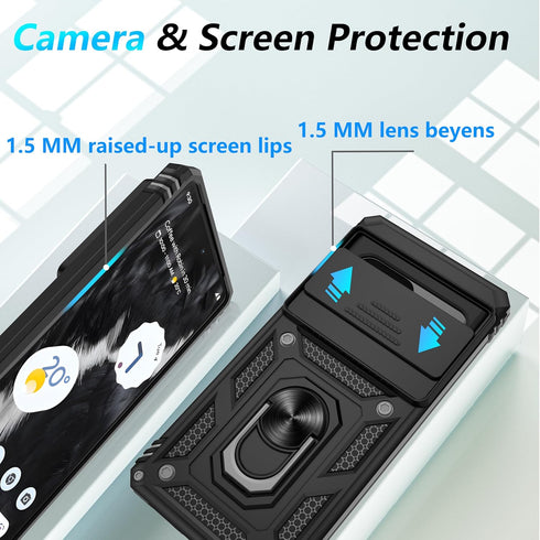 for Pixel 7 Case, Google Pixel 7 Case with 2 HD Screen Protector + Slide Camera Cover, 360° Magnetic Ring Holder Kickstand [Military Grade Shockpr...