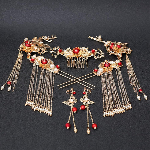 Women Gold Butterfly Hair Comb Traditional Chinese Wedding Headdress Accessories Red Pearl Stick Head Jewelry Bridal Headpiece...