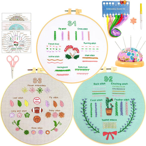 Luxiys 3 Sets Starter Embroidery Kit for Beginners Hand Embroidery Kit includes Bamboo Hoop, Pin Cushion, Cloth, Needlepoint Kits, Cross Stitch Ki...