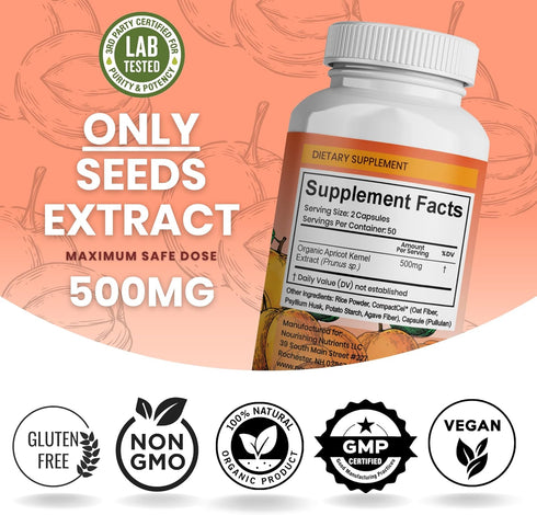 Organic Apricot Seeds Extract - ONLY Kernel supplement- Safe dosage 500mg - Antioxidant, Support Joint Health, Gut & Heart Health, Bone Density, R...