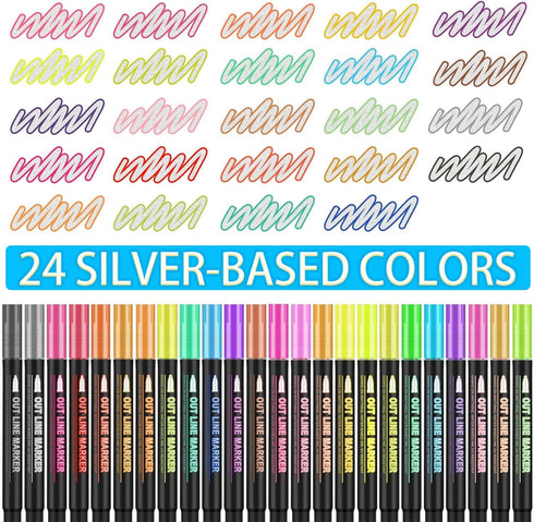 Double Line Outline Markers 24 Colors Super Squiggles Glitter Markers Self Outline Metallic Markers, Doodle Shimmer Markers Drawing Pens for Chris...