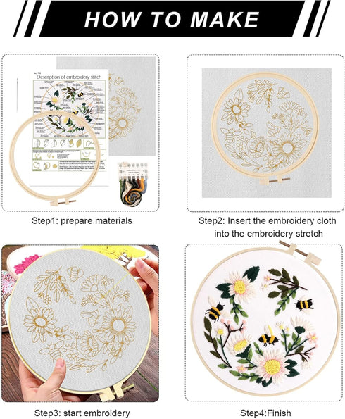 Lukinbox Embroidery Starter Kit for Beginners, 3 Sets Cross Stitch Kits for Adults, Include Embroidery Clothes with Cute Bees and Flowers Patterns...