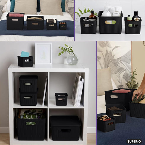 Superio Ribbed Collection - Decorative Plastic Lidded Home Storage Bins Organizer Baskets, Medium Brown (1 Pack - 5 Liter) Stackable Container Box...