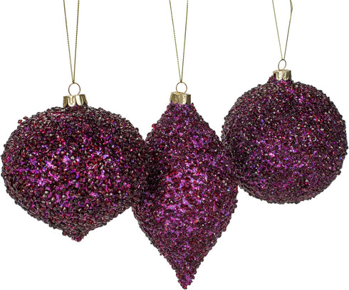 Beaded Purple Plum Glittered Ball Finial 6 inch Glass Decorative Hanging Christmas Ornament Set 3...