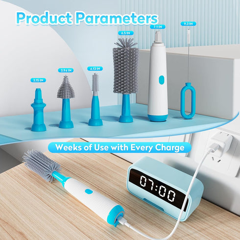 Electric Bottle Brush Set with Baby Bottle Brush, 2 Nipple Brush, Straw Brush and Extension Handle, Rechargeable Bottle Brush Cleaner, for New Bab...