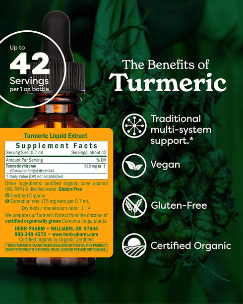 Herb Pharm Certified Organic Turmeric Root Extract for Musculoskeletal System Support - 1 Ounce (DTURM01)...