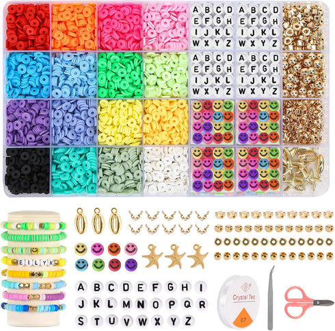 QUEFE 3800pcs Clay Beads for Jewelry Making Kit with 156 Letter Beads Flat Polymer Heishi Beads DIY Arts and Crafts Kit 6mm 16 Colors...