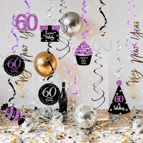 60th Birthday Decorations for Women Purple Black Silver 60th Birthday Party Decorations Hanging Swirls Ceiling– Women...