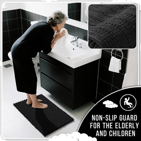 Yimobra Bathroom Rugs Non Slip Washable 32x20 Inch - Ultra Soft Absorbent Chenille Bath Mat, Quick Dry Shaggy Floor Carpet for Tub Shower, Black H...