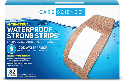 Care Science Waterproof Strong Strips Adhesive Bandages, Extra Large, 32 CT | 100% Waterproof, Heavy-Duty Protection, Helps Prevent Infection for ...