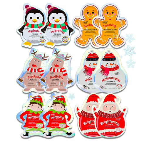 Epielle Christmas Holiday Character Sheet Mask Assortments, Santa, Reindeer, Snowman, Elf, Gingerbread, Penguin| Stocking Stuffers, Christmas Gift...