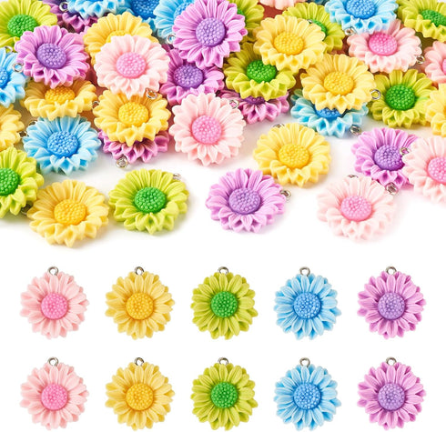 40Pcs Resin Sunflower Charms Opaque Flower Pendants Ornament with Iron Loops 4 Colors 24-25mm for DIY Necklace Bracelet Earring Jewelry Making Sup...