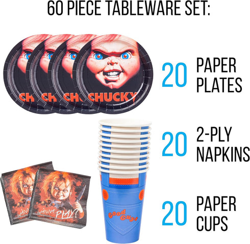 Silver Buffalo Chucky's Face Party Supplies Set, Party Pack Paper Plates Cups Napkins, 60-Pieces...