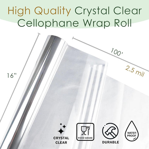 Craft And Party Clear Cellophane Wrap Roll, 16" X 100ft Cellophane Roll, Gift Wrap Roll - Not Folded...