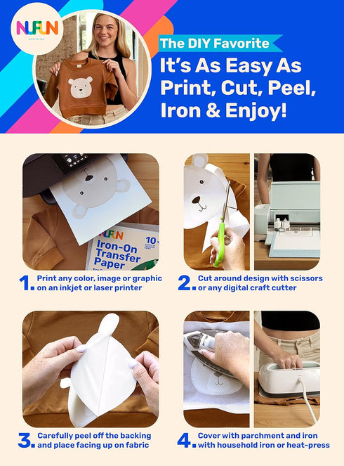 NuFun Activities Printable Iron-on Heat Transfer Paper for T Shirts, Dark Fabrics, 5 Sheets 8.5 x 11 inch, Long Lasting, Durable, Professional Qua...