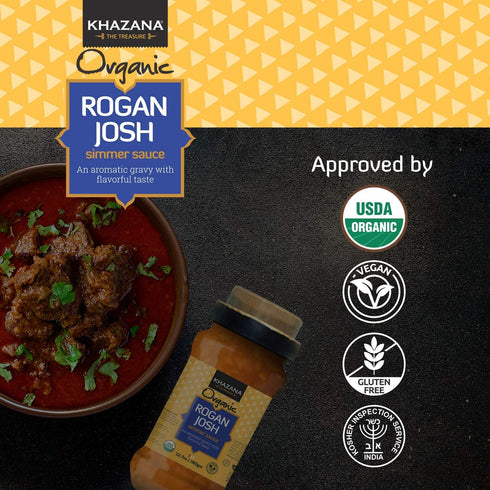 Khazana ORGANIC Rogan Josh Indian Simmer Sauce - 12.7oz Jars | Non-GMO, Vegan, Gluten Free, Kosher | Authentic Indian Meals Made Easy at Home!...