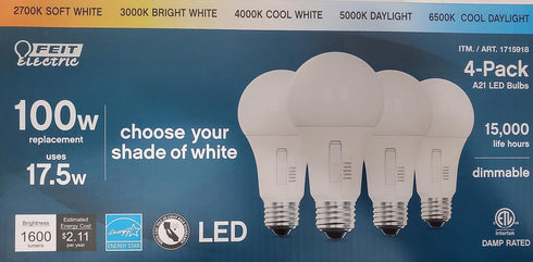 Feit Electric White 17.5W LED Bulb 1600 Lumens,1 Count (Pack of 4)...