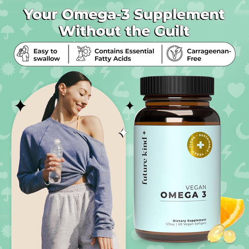 Future Kind Vegan Omega 3 Supplement (2 Month Supply) - Glass Bottle & Carrageenan-Free Algae Omega 3 Supplements for Joint, & Mood Support - DHA ...