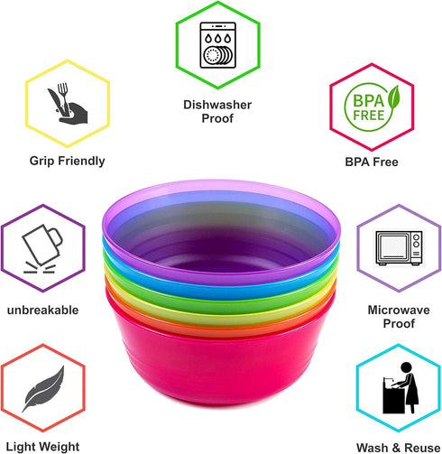 Kids Plastic Dinnerware Set of 6 Multi Color Bowls - Reusable, BPA-Free, Dishwasher Safe and Microwaveable...