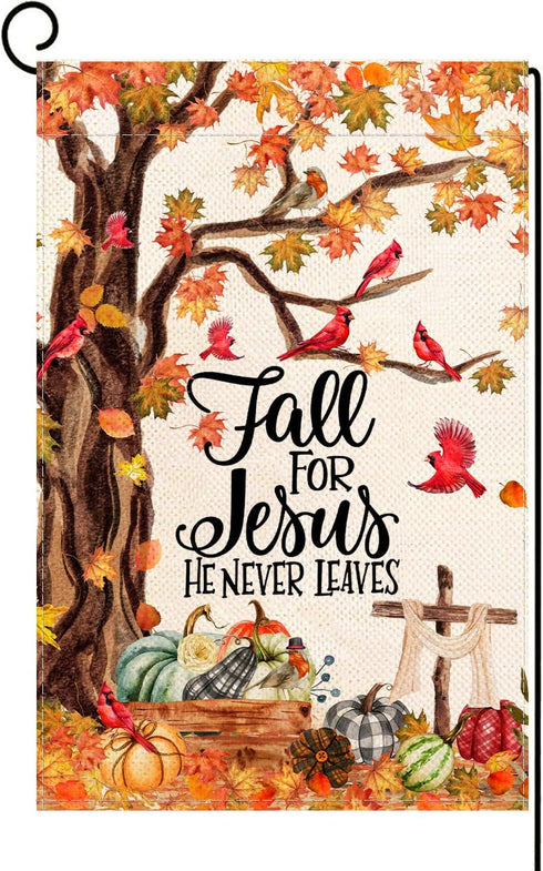 Baccessor Fall Tree Cardinal Garden Flag Fall for Jesus He Never Leaves Flag Vertical Double Sided, Pumpkin Autumn Harvest Thanksgiving Holiday Ya...
