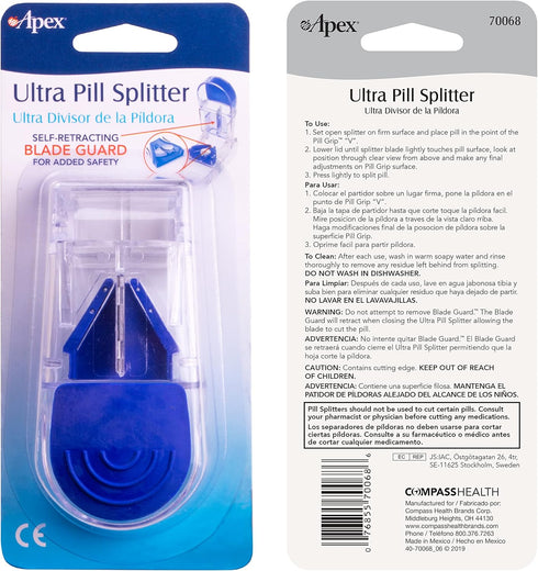 Apex Ultra Pill Cutter, Professional Medical Pill Splitter with Retracting Blade Guard, for Precise Cutting Small or Large Tablets, Vitamins, Blue...