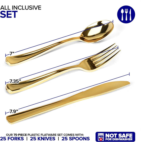 75 Pieces Heavy Duty (Gold) Plastic Silverware Set, Disposable Cutlery Set, Great for Parties, Weddings, and Catering, Flatware Utensils Included:...