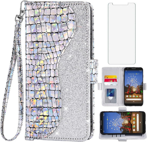 Asuwish Phone Case for Google Pixel 3a Wallet Cover with Tempered Glass Screen Protector and Wrist Strap Flip Card Holder Bling Glitter Stand Cell...