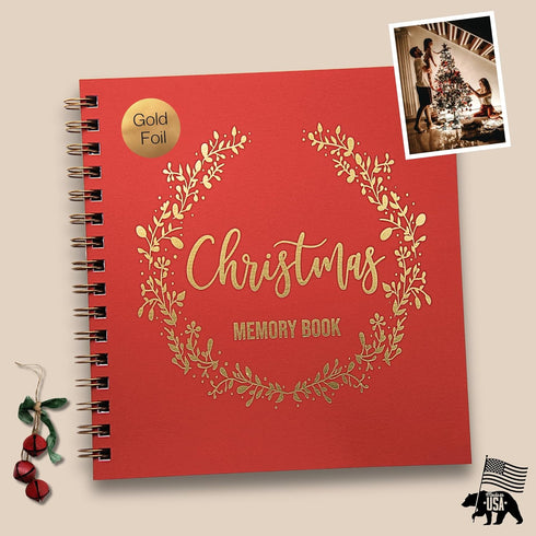 Gold Foil Christmas Memory Book, 8.5"x9" 90 Blank Pages, Keepsake Scrapbook Album for Families (Red/Gold)...