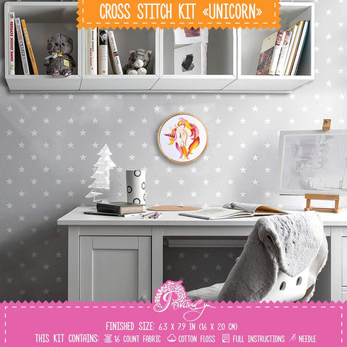 Povitrulya Counted Cross Stitch Kit 'Unicorn' - Embroidery Set with Pre-Sorted Cotton Floss, 14 Count Aida Fabric, Paper Pattern, DIY Gift for a G...