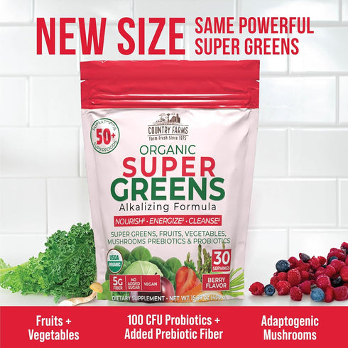 COUNTRY FARMS Super Greens Berry Flavor, 50 Organic Super Foods, USDA Organic Drink Mix (Wheat Grass, Spirulina, Chlorella) Mushrooms & Probiotics...