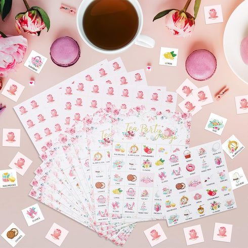 Shappy 35 Pieces Tea Party Bingo Game 24 Players Floral Tea Party Bingo Cards Garden Tea Party Games for Kids Family School Classroom Activities B...