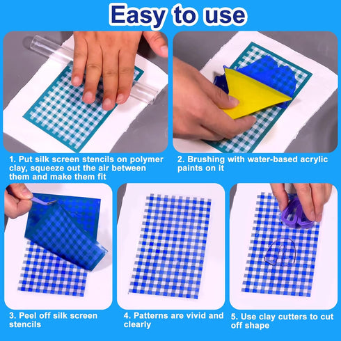 Juome Silk Screen Stencils for Polymer Clay, 3Pcs Reusable Silk Screens Printing Kit with 2Pcs Scrapers, Polymer Clay Tools for Earring Jewelry Ma...