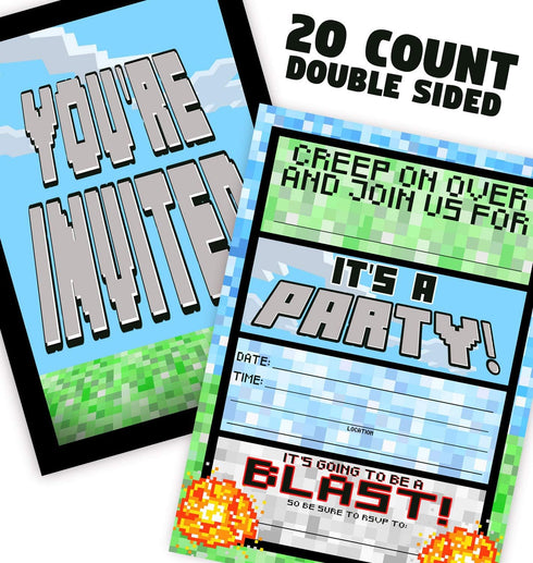 Pixel Party Invitations - 20 Invitations + 20 Envelopes - DOUBLE SIDED - Video Game Invitations - Game Truck Party Supplies - Brights 20ct...