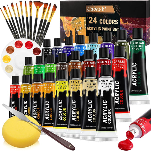 Acrylic Paint Set,39 PCS Artist Painting Supplies with 24 Rich Pigment Color,12 Brushes,Palette,Paint Art Knife & Sponge,Art Craft Paints for Kids...