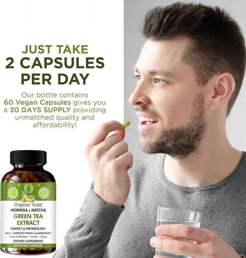 Organic Veda Moringa & Matcha Green Tea Extract Supplement with ECGC, Vitamin C & Antioxidant - Energy Boost & Metabolism Support Moringa Capsules...