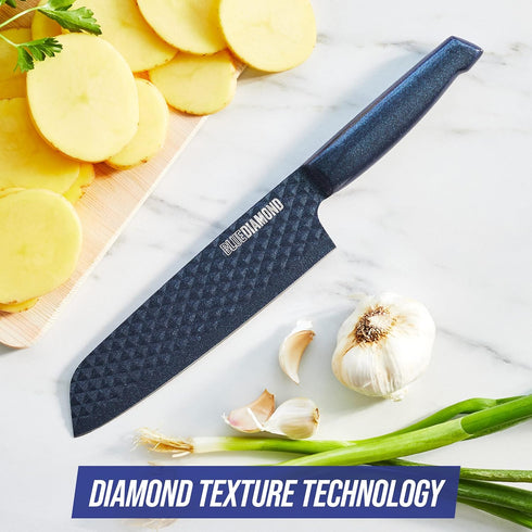 Blue Diamond Sharp Stone Nonstick Stainless Steel Cutlery, 7" Santoku Knife with Cover, Diamond Texture Blade, Dishwasher Safe Knives, Blue...