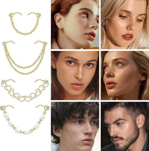 20G Nose Rings Studs with Chains African Nose Ring Cuff Horseshoe Septum Rings Stainless Steel Star Heart Nose Ring Chain Piercing Jewelry Set for...