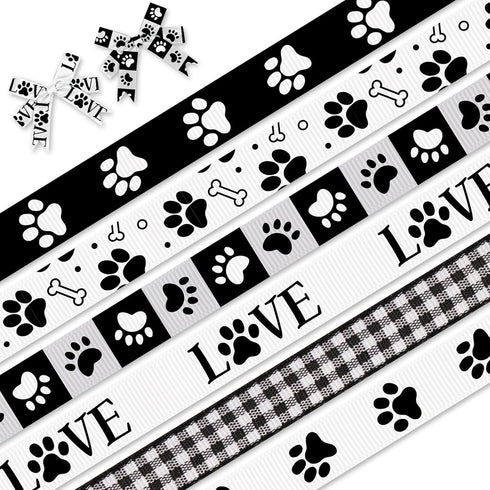 6 PCS Paw Print Grosgrain Ribbons 3/8" Black White Decor Ribbons 3 Yards, Dog Animal Paw Print Dog Bone Craft Ribbons for Dog Themed Party Favor D...
