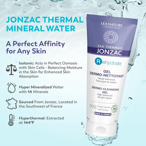 Eau Thermale Jonzac Rehydrate Organic Dermo Cleansing Gel - Gentle Daily Facial Cleanser - Sensitive Skin Approved - Leaves Skin Feeling Smooth & ...