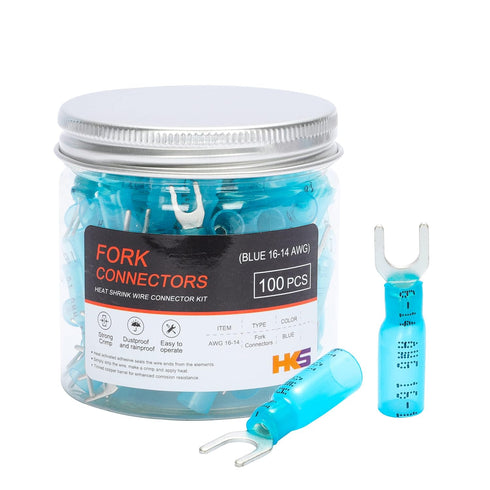 HKS 100PCS Fork Connector #10 Blue 16-14 Gauge - Heat Shrink Spade Fork Wire Connectors Kit - Tinned Red Copper - Automotive Marine Crimp Connecto...