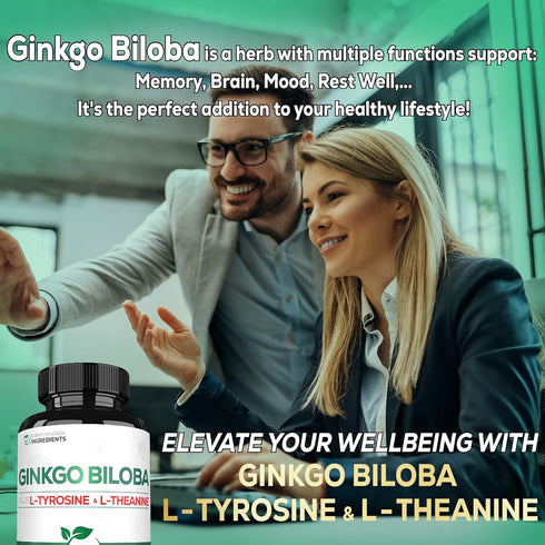 1000mg Ginkgo Biloba Supplements with L-Tyrosine, L-Theanine - 120 Capsules for 2-Month Supply - Support Focus, Mermory Function, Brain Health & V...